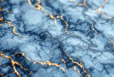 The primary subject of the image is a blue marble surface with gold streaks. The setting is a blue marble countertop, and the visual style is a close-up of the marble. The colors and mood of the image are predominantly blue and gold, creating a sense of elegance and sophistication.