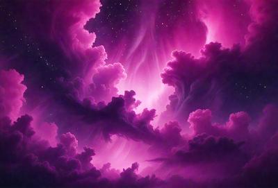 The primary subject of the image is a purple cloudy sky with a pink hue. The setting is a nighttime scene with a starry background. The visual style is a digital art or illustration, creating a surreal and dreamy atmosphere. The dominant colors are purple and pink, with the pink hue adding a sense of warmth and softness to the scene.