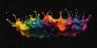 The primary subject of the image is a colorful, swirling, and splashing pattern of paint, which appears to be a digital art or illustration. The setting is a dark background, which contrasts with the vibrant colors of the paint. The visual style is artistic and creative, showcasing the artist's skill in creating a dynamic and visually appealing piece. The colors and mood of the image are lively and energetic, with the bright colors and swirling patterns evoking a sense of movement and excitement.
