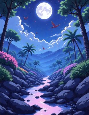 The image features a beautiful tropical scene with a river flowing through a lush, green forest. The river is surrounded by rocks, and the forest is filled with palm trees. The sky is visible above, adding to the serene atmosphere.

The primary subject of the image is the river, which is the focal point of the scene. The setting is a lush, green forest, and the visual style is a combination of photo and digital art. The colors are predominantly green and blue, creating a calm and peaceful mood.