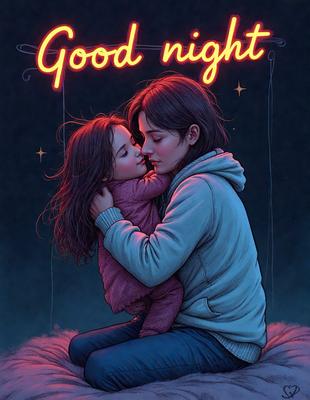 The primary subject of the image is a woman holding a young girl. They are both sitting on a bed, with the woman hugging the child. The setting is a cozy, intimate space, likely a bedroom. The visual style is a digital art or illustration, with a warm and inviting atmosphere. The colors are predominantly pink and blue, which adds to the comforting and nurturing mood of the scene.