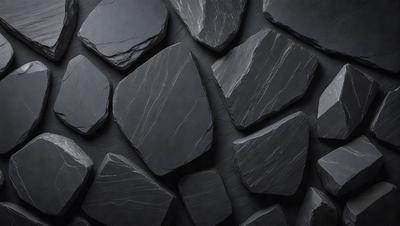 The primary subject of the image is a large black rock. The setting is a black background, which creates a striking contrast with the rock. The visual style is a close-up of the rock, showcasing its texture and details. The colors and mood of the image are dark and dramatic, emphasizing the rock's presence and creating a sense of depth and intensity.