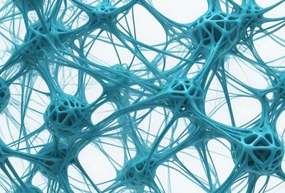 The image features a close-up of a blue nerve cell, showcasing its intricate structure. The primary subject is the nerve cell, which is the main focus of the image. The setting is a white background, which provides a clean and uncluttered environment for the nerve cell to stand out. The visual style is a close-up, which emphasizes the details of the nerve cell. The colors and mood of the image are predominantly blue, which gives the image a calm and serene atmosphere.