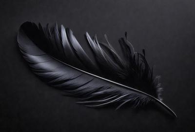 The primary subject of the image is a black feather, which is the main object, scene, or focus of the image. The setting is a black background, and the visual style is a close-up of the feather. The dominant colors are black and white, and the overall atmosphere is dark and moody.