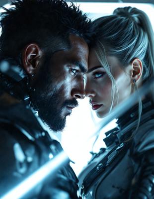 The primary subject of the image is a man and a woman standing close to each other. The woman has long hair and is wearing a silver outfit. The man is wearing a black outfit and has a beard. The setting appears to be a futuristic environment, possibly a space station or a similar location. The visual style of the image is digital art, with the characters and background being rendered in a digital format. The colors and mood of the image are predominantly silver and blue, giving it a futuristic and cool atmosphere.