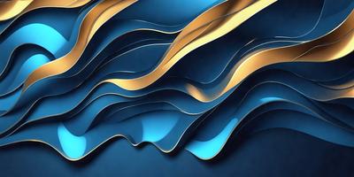 The primary subject of the image is a blue and gold wave pattern. The setting is a blue background, and the visual style is a digital art or illustration. The dominant colors are blue and gold, creating a calm and serene atmosphere.