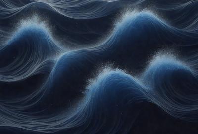 The primary subject of the image is a blue ocean with waves. The setting is a dark blue background, which creates a dramatic and moody atmosphere. The visual style is a digital art or illustration, as the waves are depicted in a detailed and artistic manner. The dominant colors are blue and black, with the blue ocean waves and the dark blue background creating a sense of depth and intensity.