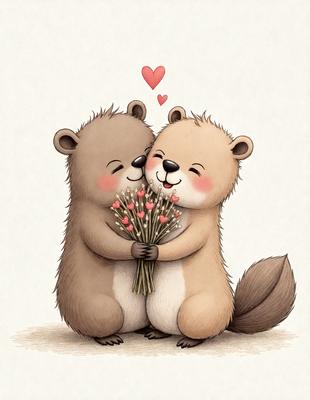 The image features two brown bears, one on the left and the other on the right, holding a bouquet of flowers between them. The bears are smiling, and the flowers are in the shape of hearts. The scene is set in a field, and the overall atmosphere is warm and friendly. The visual style is a combination of digital art and illustration, creating a charming and whimsical scene.