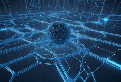 The primary subject of the image is a blue and black sphere, which is the main object in the scene. The setting is a dark background, possibly a night sky, with a web-like pattern visible. The visual style appears to be a digital art or illustration, as the sphere is depicted in a detailed and intricate manner. The colors and mood of the image are predominantly dark and mysterious, with the blue and black sphere standing out against the dark background.