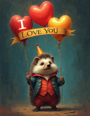 The primary subject of the image is a small, cute, and colorful hedgehog holding a balloon. The hedgehog is wearing a red and blue outfit, and it appears to be a part of a painting or drawing. The setting is a blue background, and the visual style is a combination of digital art and illustration. The colors and mood of the image are cheerful and playful, with the hedgehog holding a heart-shaped balloon, which adds to the overall atmosphere of love and affection.
