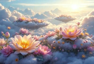 The primary subject of the image is a field of flowers, predominantly pink and white, floating in a cloudy sky. The setting is a whimsical, dreamy environment, with the flowers seemingly floating on clouds. The visual style is a combination of photo and digital art, creating a surreal and fantastical atmosphere. The colors and mood are predominantly soft and pastel, with a sense of wonder and enchantment.