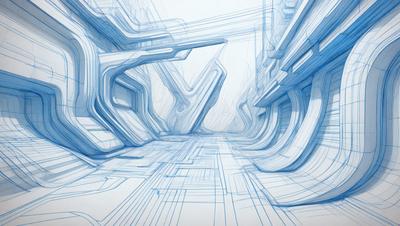The primary subject of the image is a blue, computer-generated drawing of a futuristic cityscape. The setting is a large, open space with a variety of structures and buildings. The visual style is digital art, as it is a computer-generated drawing. The colors and mood of the image are predominantly blue, giving it a futuristic and technological atmosphere.