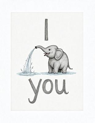 The primary subject of the image is a cute cartoon elephant, which is the main focus of the scene. The elephant is depicted drinking water from a fountain, with the water spraying out of its trunk. The setting is a white background, which provides a clean and simple backdrop for the elephant. The visual style of the image is a combination of digital art and illustration, creating a whimsical and playful atmosphere. The colors used in the image are predominantly shades of blue and white, which contribute to the overall mood of the scene.
