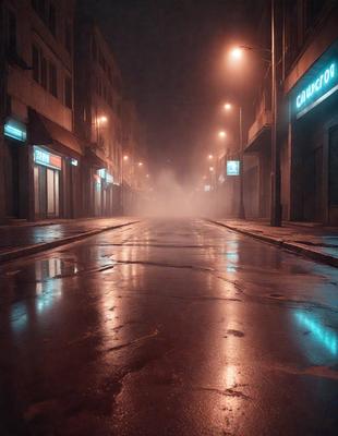 The primary subject of the image is a city street at night, with a wet road reflecting the lights of the surrounding buildings. The setting includes a city street with buildings on both sides, and the background features a nighttime cityscape. The visual style is a photo, capturing the city's atmosphere during the evening hours. The colors and mood of the image are predominantly dark, with the wet road reflecting the lights and creating a moody ambiance.