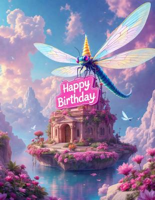 The primary subject of the image is a large dragonfly with a pink sign on its back, which reads "Happy Birthday." The dragonfly is flying over a beautiful pink flower garden, which serves as the setting for the scene. The visual style of the image is a digital art or illustration, creating a whimsical and colorful atmosphere. The dominant colors in the image are pink and purple, which are associated with birthdays and celebrations.
