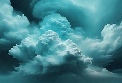 The primary subject of the image is a large, cloudy storm cloud. The setting is a dark, cloudy sky, and the visual style is a photo. The dominant colors are blue and white, creating a moody and dramatic atmosphere.