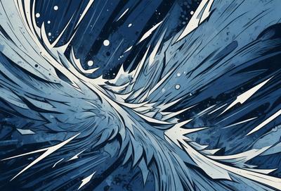 The primary subject of the image is a blue and white ocean wave. The setting is the ocean, with the wave being the main focus of the image. The visual style is a combination of digital art and illustration, creating a dynamic and vibrant scene. The dominant colors are blue and white, with the blue wave and white clouds in the background, creating a serene and calming atmosphere.