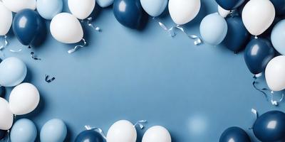 The primary subject of the image is a group of white and blue balloons. The balloons are floating in the air, creating a festive and joyful atmosphere. The setting is a blue background, which complements the colors of the balloons. The visual style is a photo, capturing the beauty and movement of the balloons. The colors and mood of the image are predominantly white and blue, evoking a sense of calmness and celebration.