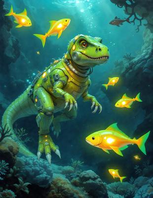 Primary subject: A green and yellow dinosaur with a robotic head, standing in the water with fish swimming around it.

Setting/background: The dinosaur is in a water environment, surrounded by fish and possibly some underwater plants.

Visual style: The image is a digital art or illustration, featuring a detailed and colorful dinosaur and fish.

Colors and mood: The colors are vibrant and lively, with the green and yellow dinosaur standing out against the water and fish. The overall atmosphere is playful and imaginative, as the dinosaur interacts with the fish in a whimsical underwater scene.