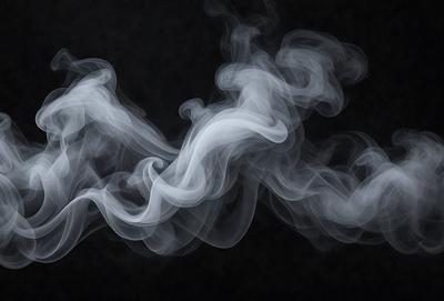 The primary subject of the image is a cloud of smoke, which is the main object, scene, or focus of the image. The setting is a dark background, which contrasts with the smoke. The visual style is a black and white photo, giving the image a classic and timeless appearance. The colors and mood are dominated by the smoke, which creates a dramatic and mysterious atmosphere.