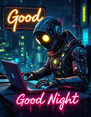 The primary subject of the image is a robot wearing a helmet and sitting at a desk, working on a laptop. The setting is a futuristic environment, with the robot surrounded by various electronic devices and glowing lights. The visual style is a digital art or illustration, with the robot and the laptop being the main focus of the image. The colors and mood are predominantly neon and futuristic, creating a sense of excitement and technology.