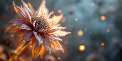 Primary subject: A flower with dew on it.

Setting/background: The flower is in a field with a background of a sky.

Visual style: The image is a photo of the flower.

Colors and mood: The flower is orange and yellow, and the overall atmosphere is warm and natural.