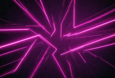 The primary subject of the image is a pink neon light, which is the main focus of the scene. The setting is a dark room, and the visual style appears to be a digital art or illustration. The dominant colors in the image are pink and purple, creating a vibrant and energetic atmosphere.
