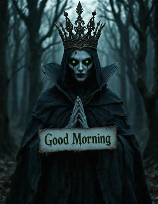 The primary subject of the image is a person dressed in a costume, possibly a witch or a character from a horror movie. The person is holding a sign that reads "Good Morning." The setting appears to be a forest, with trees in the background. The visual style of the image is a combination of photo and digital art, creating a unique and creative atmosphere. The colors in the image are predominantly dark, with the person's costume and the sign being the main sources of light. The overall mood of the image is mysterious and intriguing.