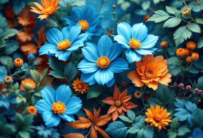 The primary subject of the image is a bouquet of blue and orange flowers. The setting is a garden, with the flowers blooming in a field. The visual style is a photo, capturing the beauty of the flowers in their natural environment. The dominant colors are blue and orange, creating a vibrant and lively atmosphere.