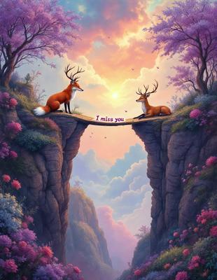 Primary subject: Two deer sitting on a bridge.
Setting/background: A beautiful, colorful forest with flowers and trees.
Visual style: Digital art.
Colors and mood: The scene is vibrant and lively, with a sense of tranquility and harmony between the deer and their natural surroundings.