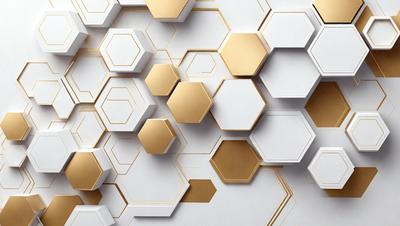 The primary subject of the image is a wall with a pattern of hexagons made of gold and white. The setting is a white wall, and the visual style appears to be a combination of digital art and illustration. The dominant colors are gold and white, creating a clean and elegant atmosphere.
