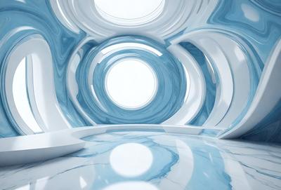 The primary subject of the image is a large, round, blue-tinted glass dome. The setting is a white, curved, and circular space, possibly a tunnel or a large room. The visual style is a combination of photo and digital art, creating a unique and intriguing atmosphere. The colors and mood are predominantly blue, giving the scene a calm and serene vibe.