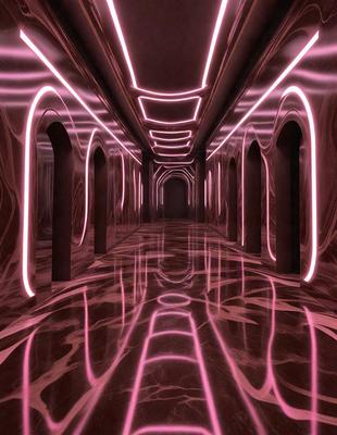The primary subject of the image is a long, narrow hallway with a reflective surface. The setting is a dark, underground tunnel with a pink glow illuminating the space. The visual style is a combination of a photo and digital art, creating a unique and intriguing atmosphere. The colors and mood are predominantly pink, giving the scene a warm and inviting feel.