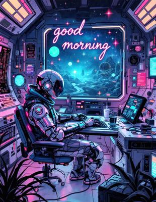 The primary subject of the image is a person sitting at a desk in a futuristic setting. The person is wearing a space suit and is using a computer. The setting includes a space station, with a backdrop of a starry sky. The visual style is a combination of digital art and illustration, creating a vibrant and futuristic atmosphere. The colors are predominantly pink and purple, giving the scene a unique and whimsical feel.