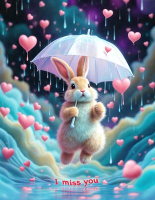 The primary subject of the image is a cute bunny holding an umbrella. The setting is a cloudy sky, and the visual style is digital art. The colors are predominantly pink, and the overall atmosphere is playful and whimsical.