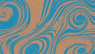 The primary subject of the image is a blue and orange swirling pattern, which appears to be a wood grain texture. The setting is a blue background, and the visual style is a combination of a photo and a digital art or illustration. The dominant colors are blue and orange, creating a vibrant and energetic atmosphere.