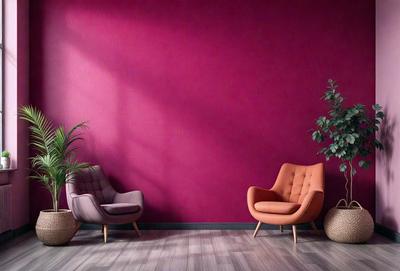 The primary subject of the image is a pair of chairs, one pink and one purple, placed against a pink wall. The setting is a room with a potted plant on the right side of the chairs. The visual style is a photo, and the colors and mood are predominantly pink, creating a warm and inviting atmosphere.
