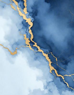The primary subject of the image is a gold-colored line or crack in the sky, which appears to be a part of a painting or digital artwork. The setting is a cloudy blue sky, and the visual style is a combination of painting and digital art. The colors and mood of the image are predominantly blue and gold, creating a sense of depth and contrast.