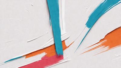 The primary subject of the image is a painting or drawing of a blue and orange striped object. The setting is a white background, and the visual style appears to be a combination of digital art and illustration. The dominant colors in the image are blue and orange, creating a vibrant and lively atmosphere.