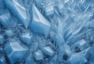The primary subject of the image is a large, blue, and clear crystal. The setting is a snowy environment, with the crystal surrounded by other crystals and ice. The visual style is a close-up of the crystal, showcasing its unique and intricate structure. The colors and mood of the image are predominantly blue and cold, creating a sense of wonder and beauty.