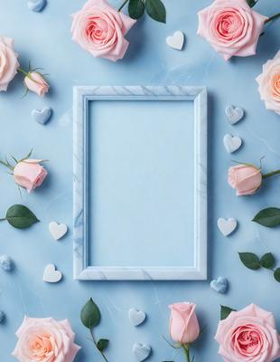 The primary subject of the image is a blue picture frame with a marble texture. The setting is a blue background, and the visual style is a photo. The colors and mood of the image are predominantly blue, creating a calm and serene atmosphere.