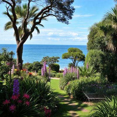 The primary subject of the image is a beautiful garden with a variety of flowers and plants. The garden is situated near the ocean, providing a serene and picturesque setting. The visual style of the image is a photo, capturing the vibrant colors and intricate details of the garden. The colors and mood of the image are lively and inviting, with the vibrant flowers and plants creating a sense of tranquility and natural beauty.