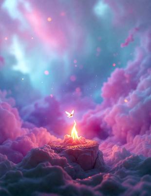The primary subject of the image is a small, lit candle placed on a rock in a pink, purple, and blue cloudy sky. The setting is a whimsical, dreamy environment with a cloudy background. The visual style is a digital art or illustration, creating a surreal and imaginative atmosphere. The colors and mood are predominantly pink, purple, and blue, giving the scene a soft, dreamy, and fantastical quality.