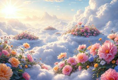 Primary subject: Flowers
Setting/background: Clouds
Visual style: Digital art
Colors and mood: Pink, blue, yellow, and white