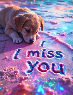 The primary subject of the image is a small brown puppy. The setting is a pink and blue sandy surface, which appears to be a beach. The visual style is a combination of photo and digital art, creating a unique and eye-catching scene. The dominant colors are pink and blue, giving the image a cheerful and playful atmosphere.