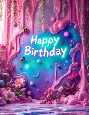 Happy Birthday: [The main object, scene, or focus of the image is a sign that says "Happy Birthday."]

Pink and Purple: [The setting/background of the image is a pink and purple background.]

Digital Art: [The visual style of the image is digital art.]

Birthday Flowers: [The colors and mood of the image are dominated by pink and purple flowers, creating a warm and celebratory atmosphere.]