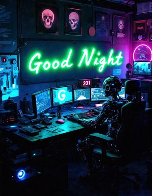 The primary subject of the image is a robot sitting at a desk in a room. The robot is wearing a suit and appears to be working on a computer. The setting is a room with a desk, a chair, and a computer. The visual style is a digital art or illustration, creating a futuristic and technological atmosphere. The colors and mood are predominantly blue and purple, giving the scene a calm and serene vibe.