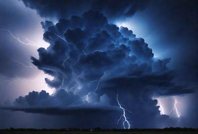 The primary subject of the image is a large, dark cloud with lightning bolts illuminating it. The cloud is hovering over a field, creating a dramatic and intense atmosphere. The setting is an open field, with no other objects or people visible in the scene. The visual style of the image is a photo, capturing the powerful force of the storm. The dominant colors are dark and ominous, with the lightning bolts adding a sense of danger and excitement to the scene.