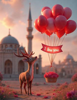 The primary subject of the image is a deer with a basket of flowers in its mouth. The setting is a field with a sky background, and the visual style is a digital art illustration. The colors are predominantly pink, and the overall atmosphere is warm and inviting.