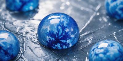 The primary subject of the image is a blue glass ball with a leaf pattern on it. The setting is a table with a blue surface, and the visual style appears to be a combination of a photo and digital art. The colors in the image are predominantly blue, creating a calm and serene atmosphere.